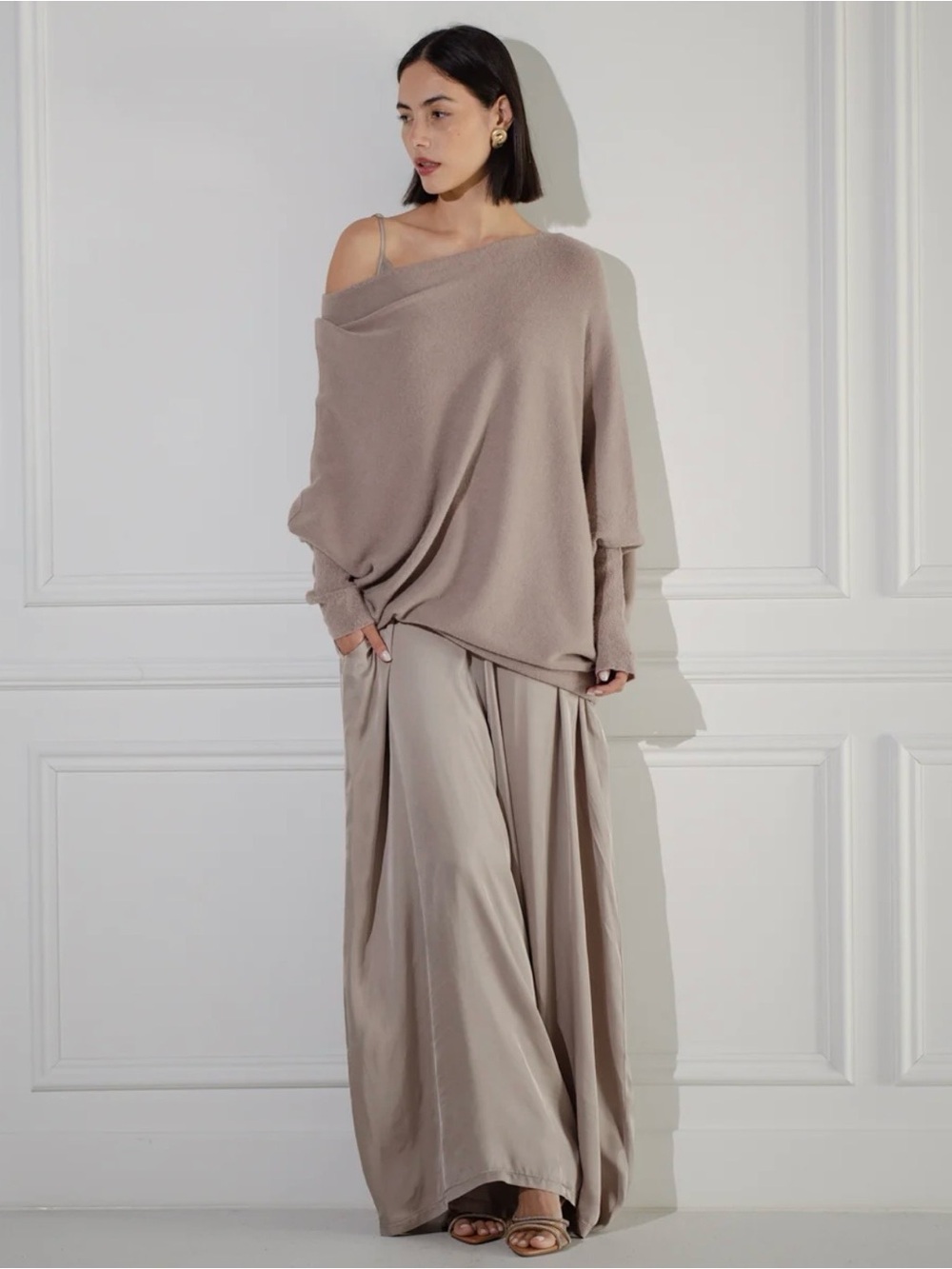 JAKI London Audrey Satin Jumpsuit & Asymmetric Draped Sweater Set — Size S/M